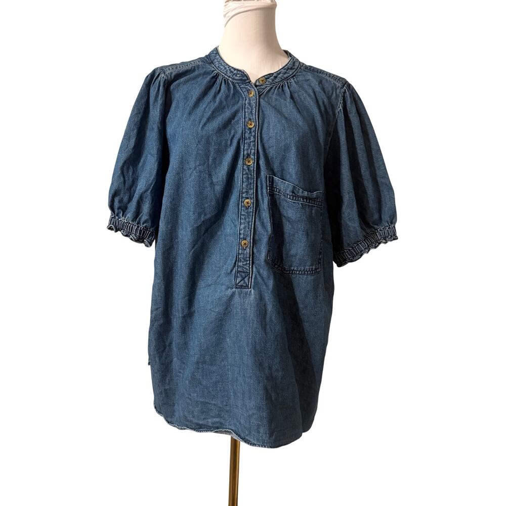 Pilcro Anthropologie 3X Chambray Denim Puff Sleeve Button Tunic Top Coquette